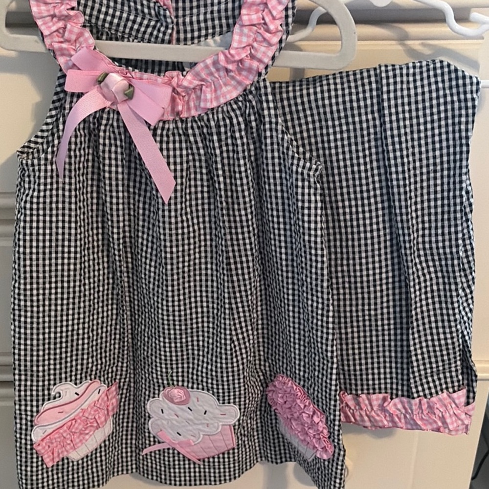 Rare Editions Black & White Gingham Girls dress and pants with Cupcake Appliqué